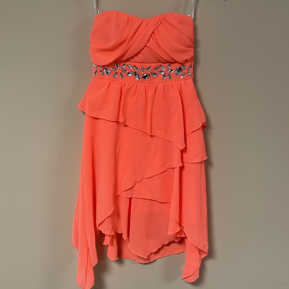 Peach Strapless Formal Bejeweled Dress